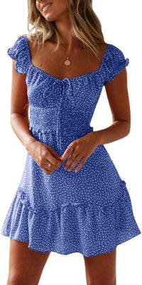 Womens Summer Sundress Ruffle Sleeve Sweetheart Neck Print Mini Dress | Sundresses, Smocked Waist, Boho Floral, Flowy Ruffle Hem, Beach, Country Concert, Date Night