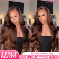 Perruque Lace Front Wig naturelle Body Wave transparente, cheveux humains colorés, brun chocolat, 13x6, HD, pre-plucked, sans colle, 13x4