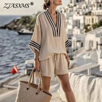 Conjunto de Verão para Praia Feminino Elegante com Top Listrado e Shorts com Amarração, Conjunto Casual com Manga 3/4 Solta